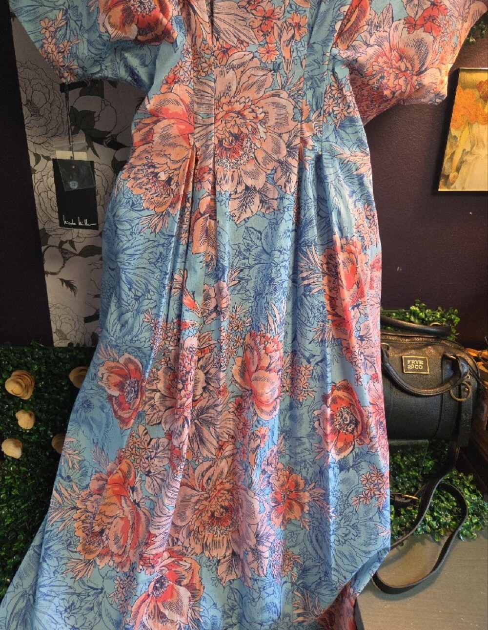Pleated Floral Riot Shirt Dress By Nicole Miller -Bat Wing Style Sleeves - Sz 10 - Picture 10 of 10